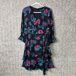 Tahari Dress Women’s 6 Floral Print Faux Wrap Tie Waist V-Neck NWT